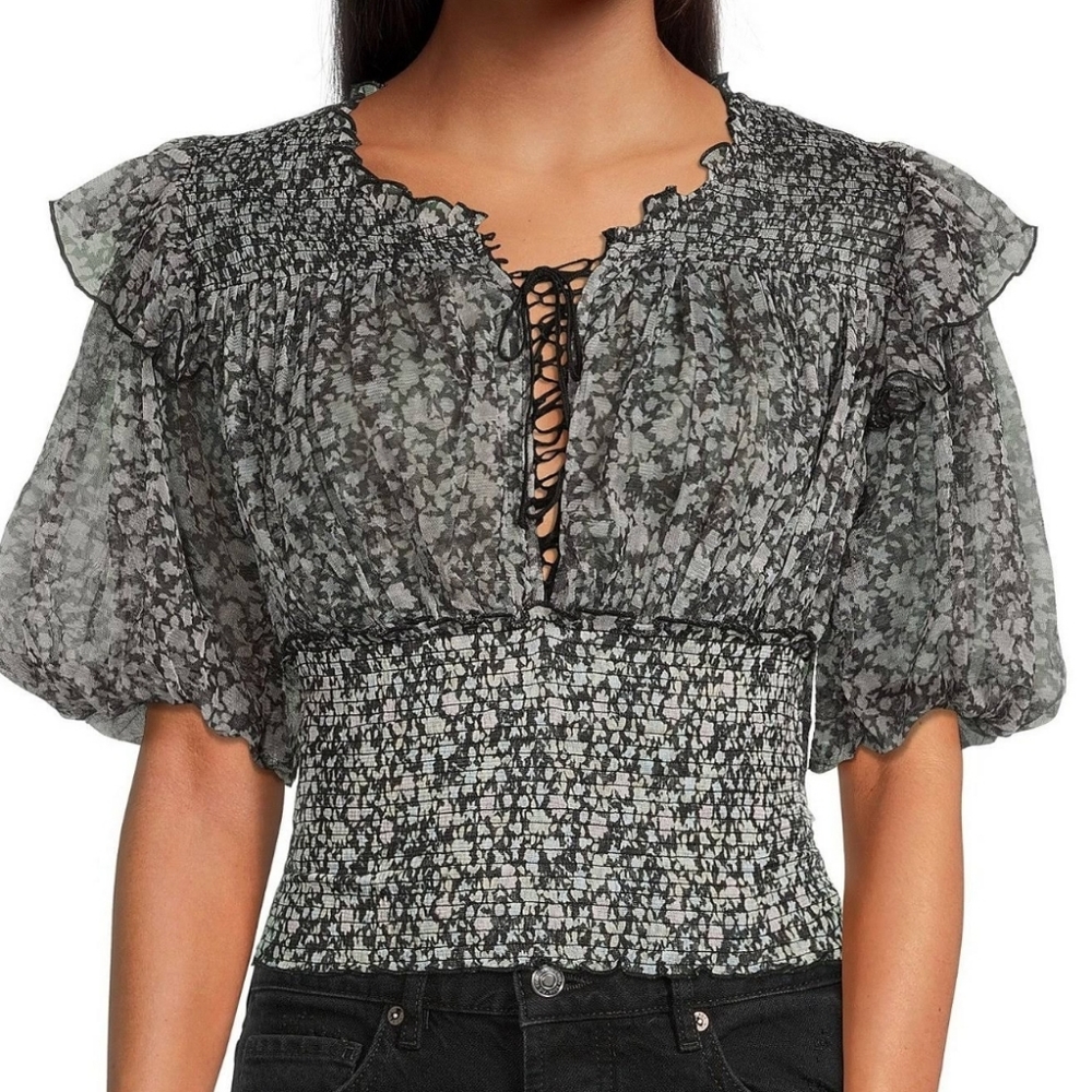 Free People Beatrice Top in Black Floral Mesh Poof Sleeves Size XS